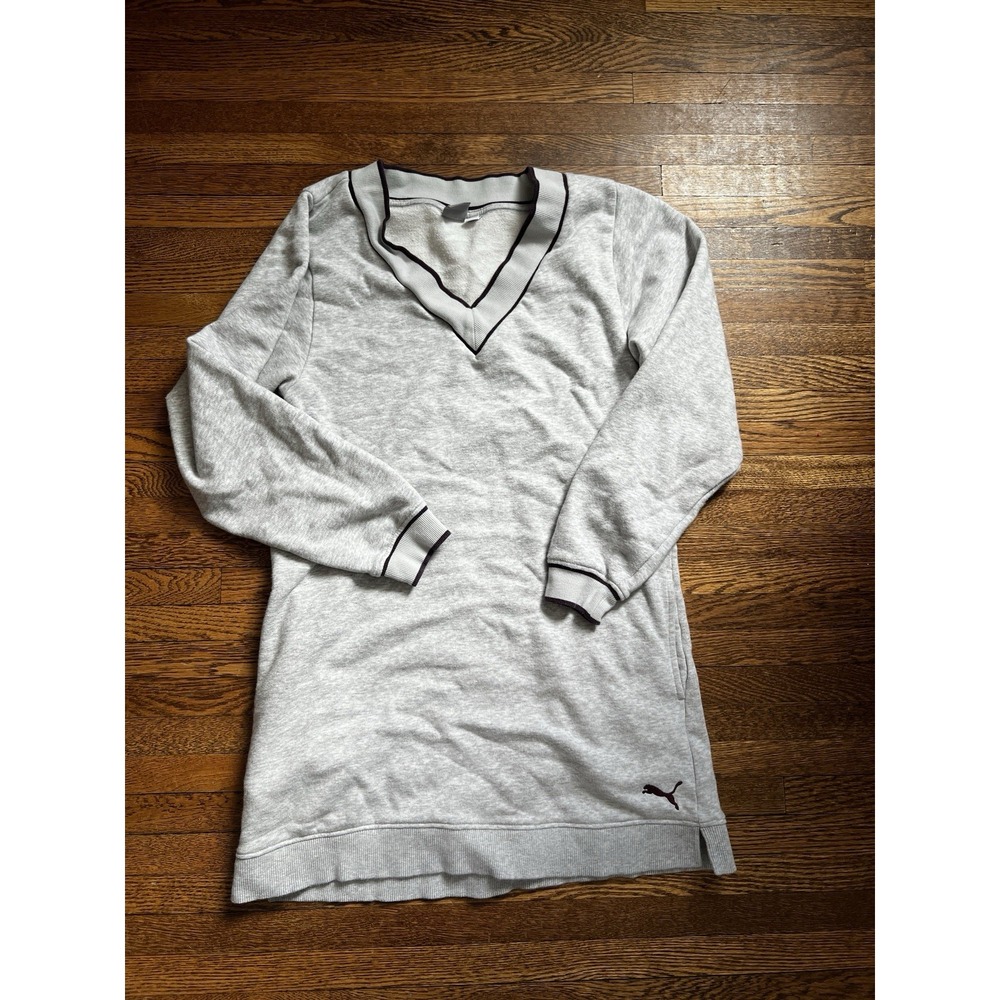 Puma Women Gray V-Neck Sweatshirt Dress Long Sleeve French Terry 684423-26 Small